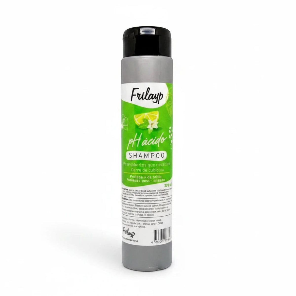 Shampoo Frilayp pH ácido de 370ml de Distriwil para cierre de cutícula en envase gris con etiqueta verde y limón