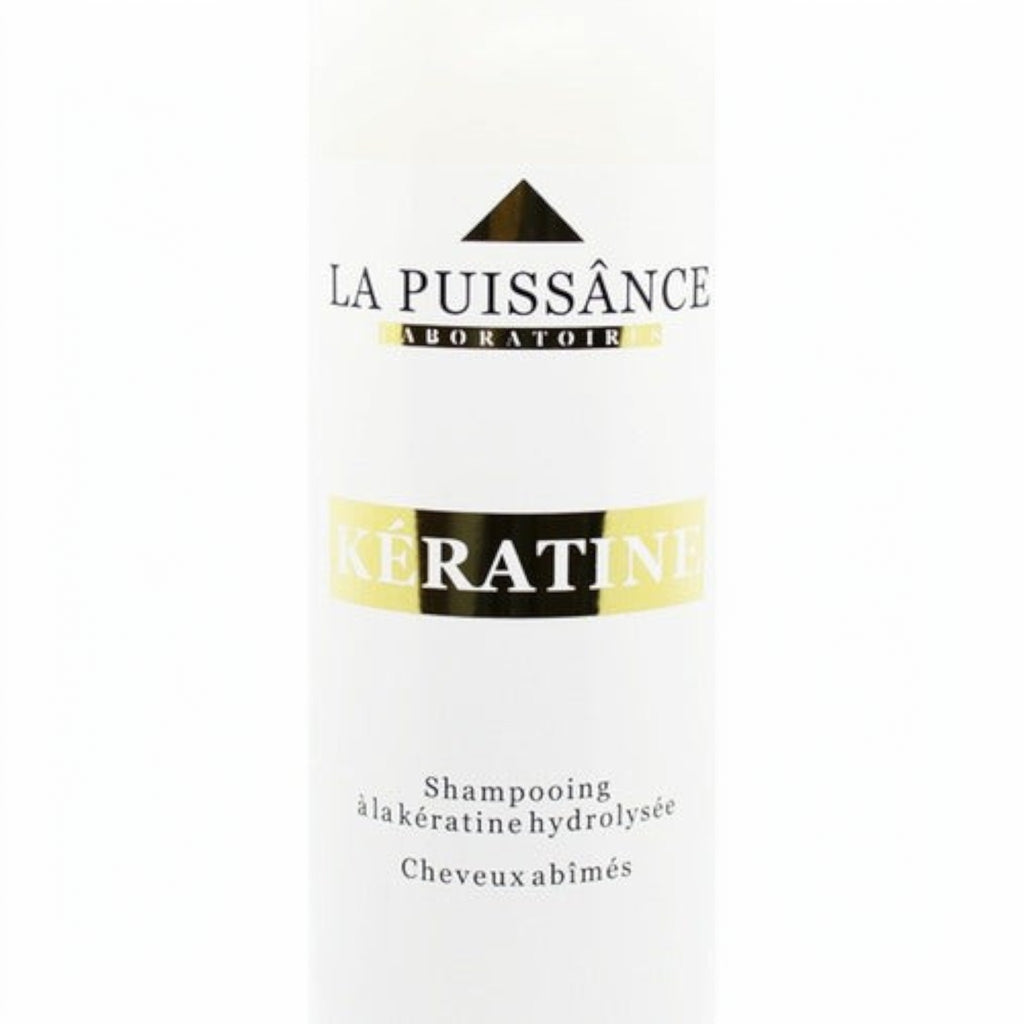 Shampoo La Puissance Keratina de Distriwil para cabello dañado, envase de 1000ml con fórmula anti frizz reparadora.