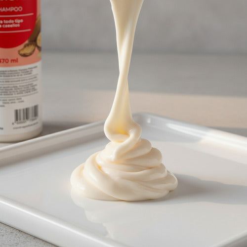Shampoo Distriwil Frilayp de keratina y argán con textura cremosa cayendo sobre un plato cuadrado blanco