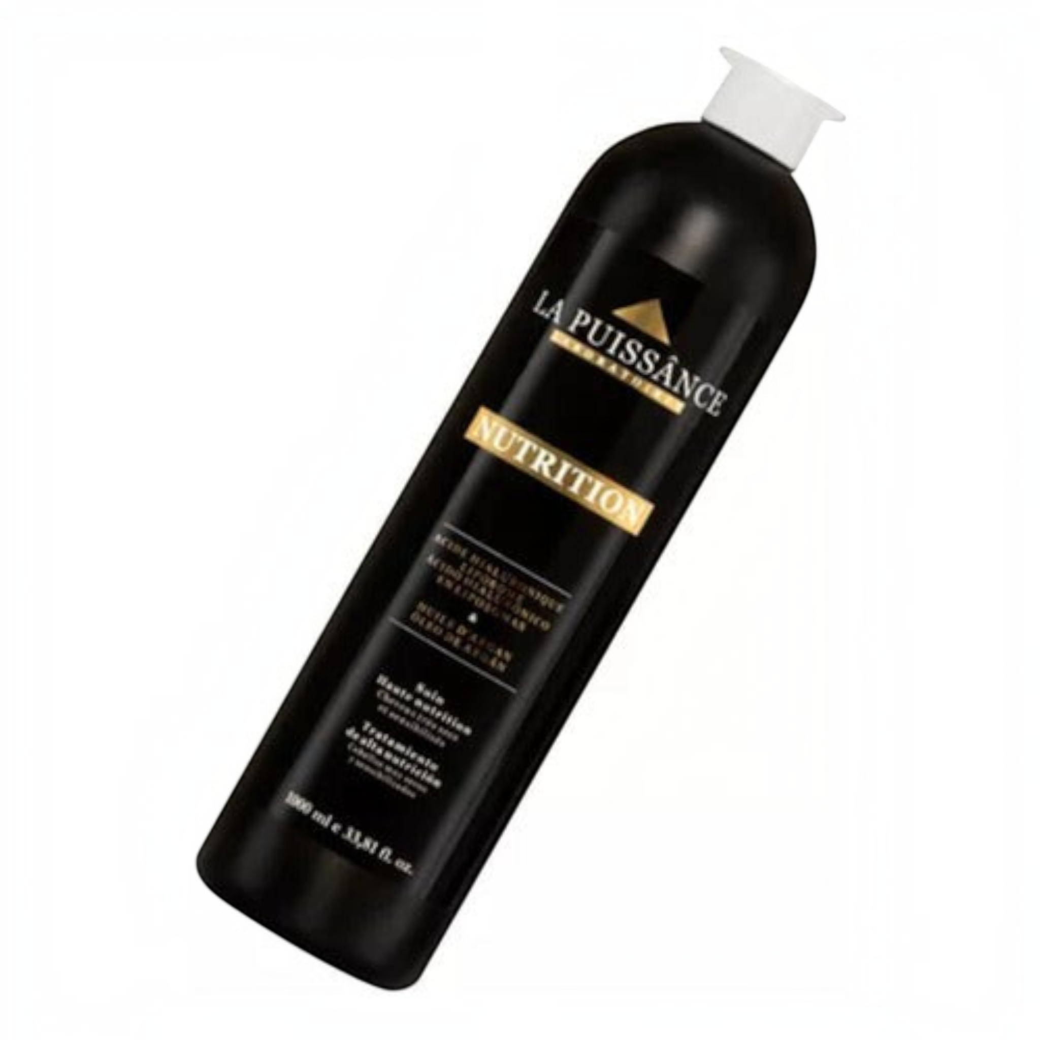 Botella negra de shampoo La Puissance Nutrition con aceite de argán y ácido hialurónico, disponible en Distriwil