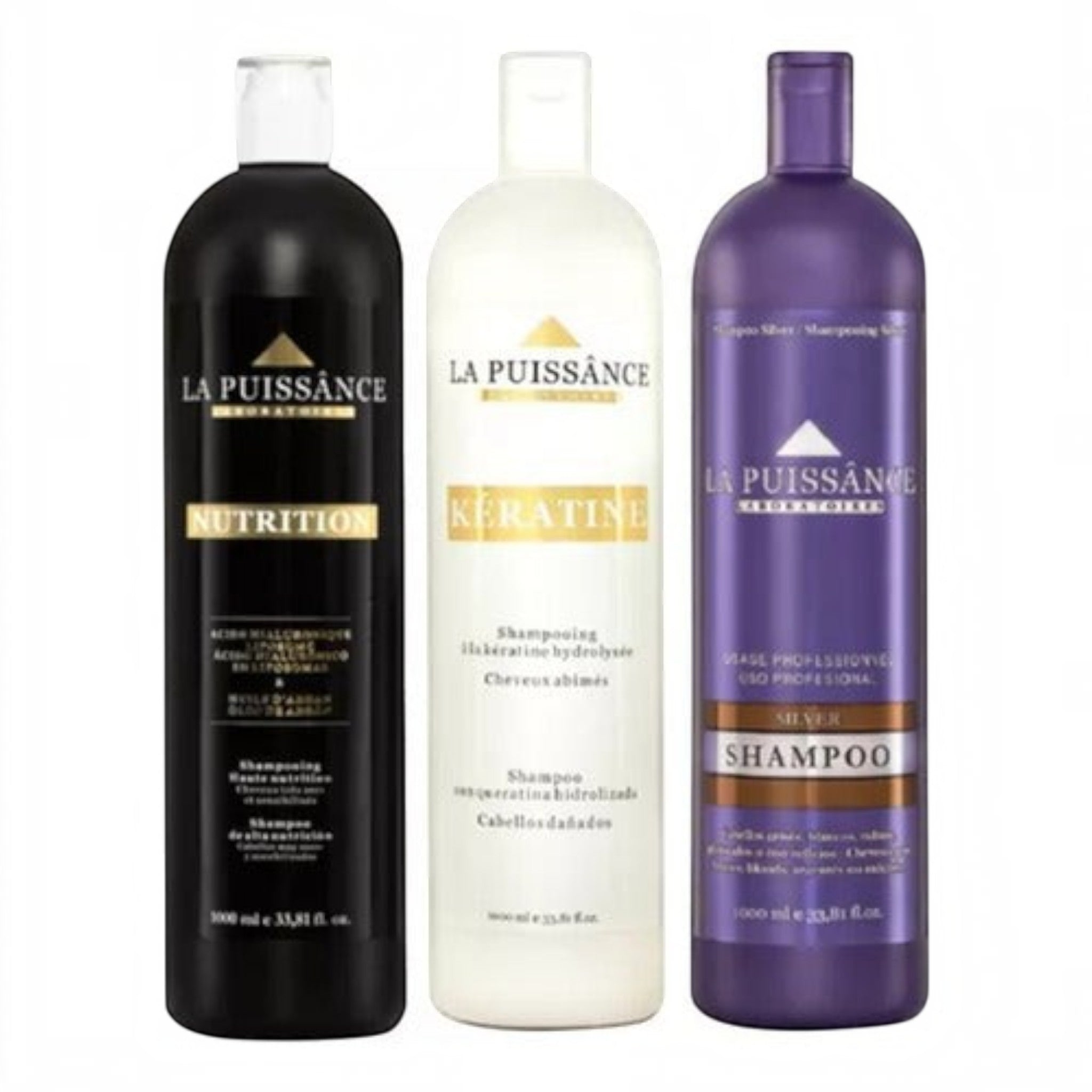Set de tres botellas de shampoo La Puissance de Distriwil, incluyendo versiones Nutrition, Keratine y Silver matizador.