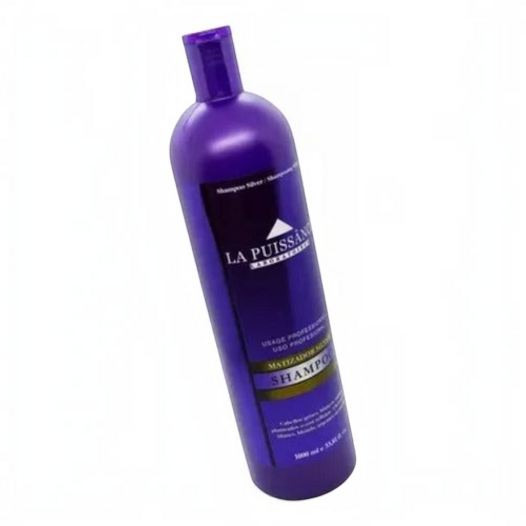 Shampoo matizador violeta La Puissance Silver de Distriwil para neutralizar tonos amarillos en cabellos rubios o canas
