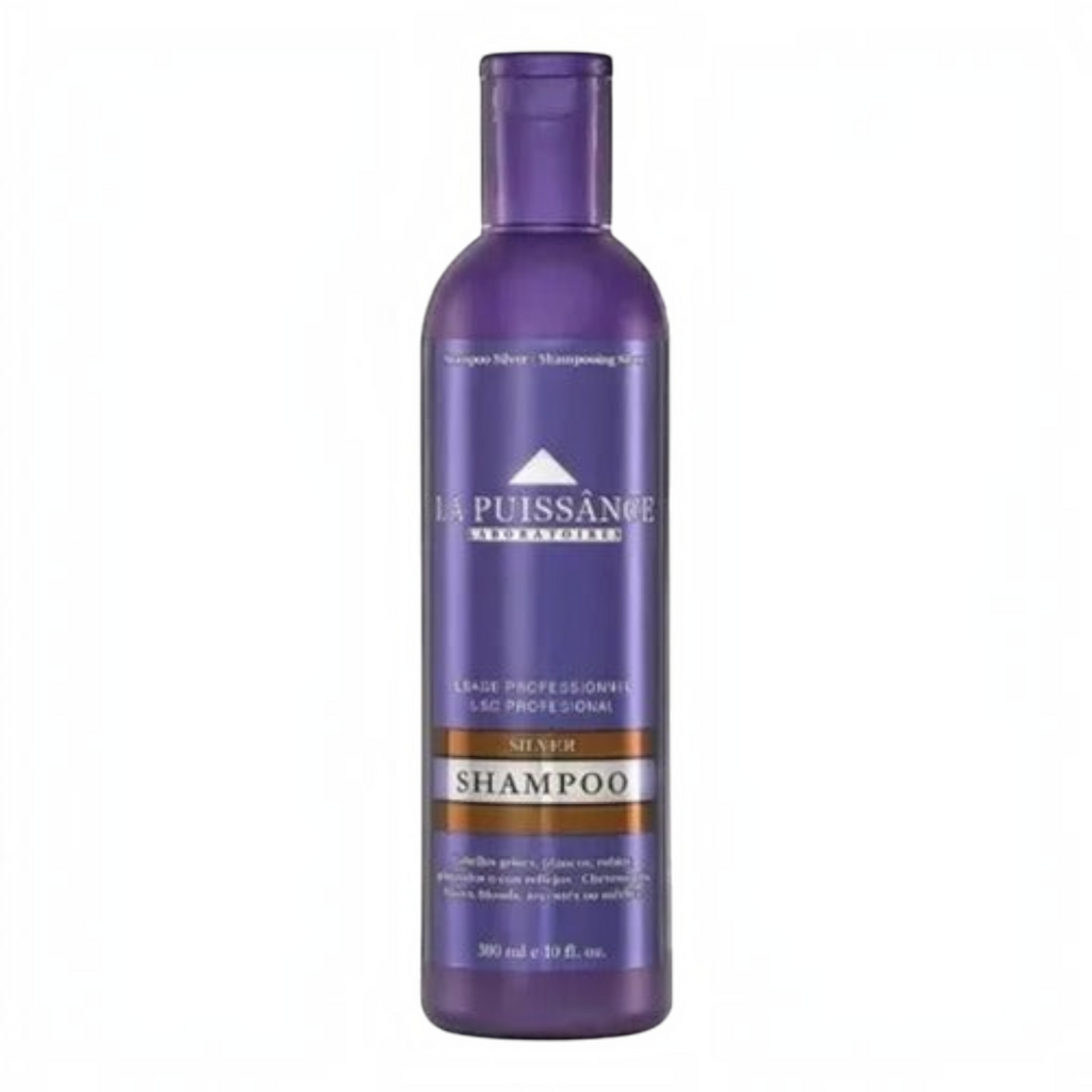 Shampoo matizador Distriwil La Puissance Silver de 300ml en envase violeta para cabellos rubios, grises o platinados