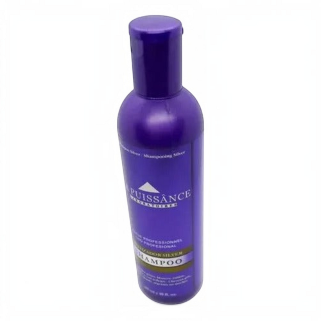 Shampoo matizador Distriwil La Puissance Silver en envase morado para neutralizar tonos amarillos en cabellos rubios