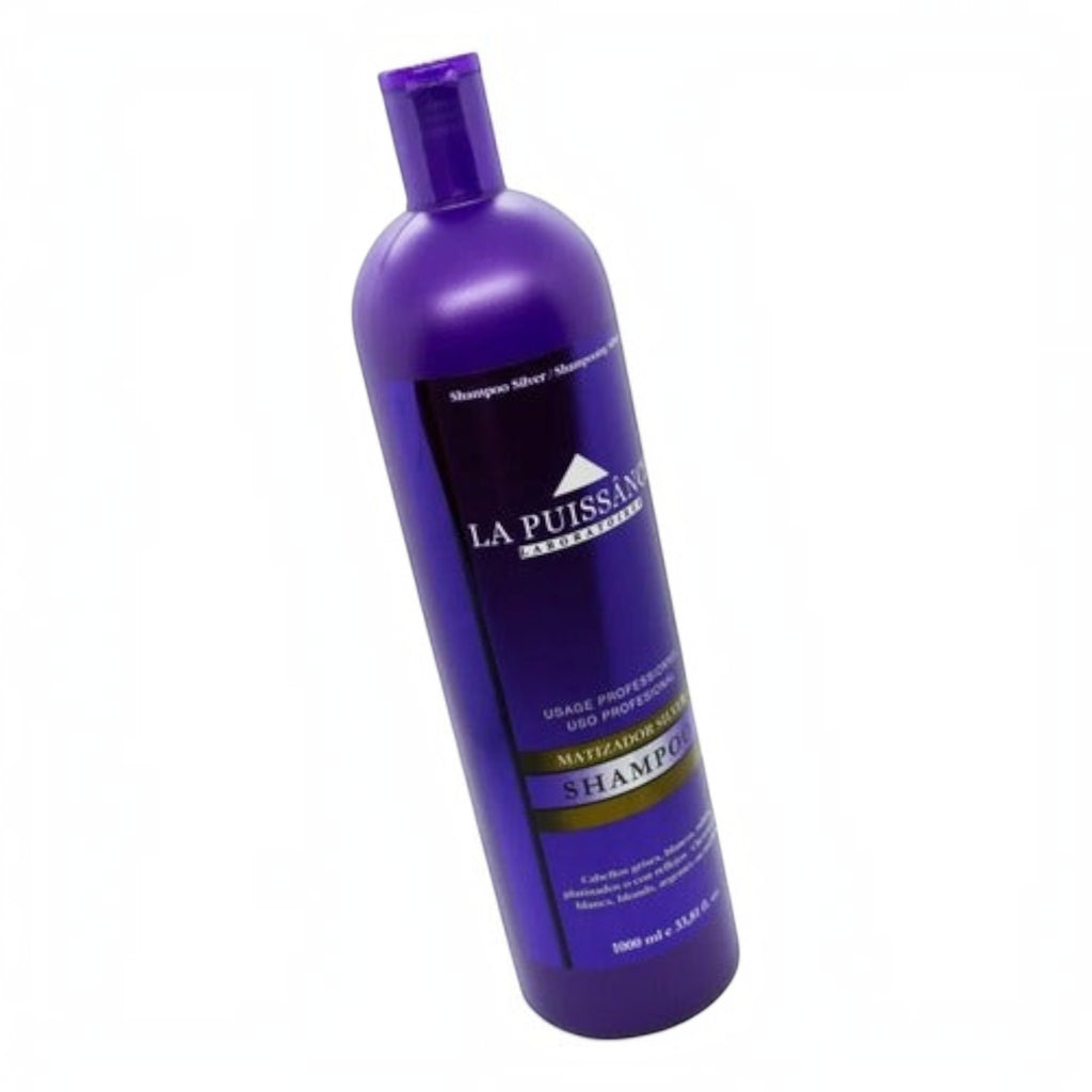 Shampoo matizador violeta La Puissance Silver de Distriwil para neutralizar tonos amarillos en cabellos rubios