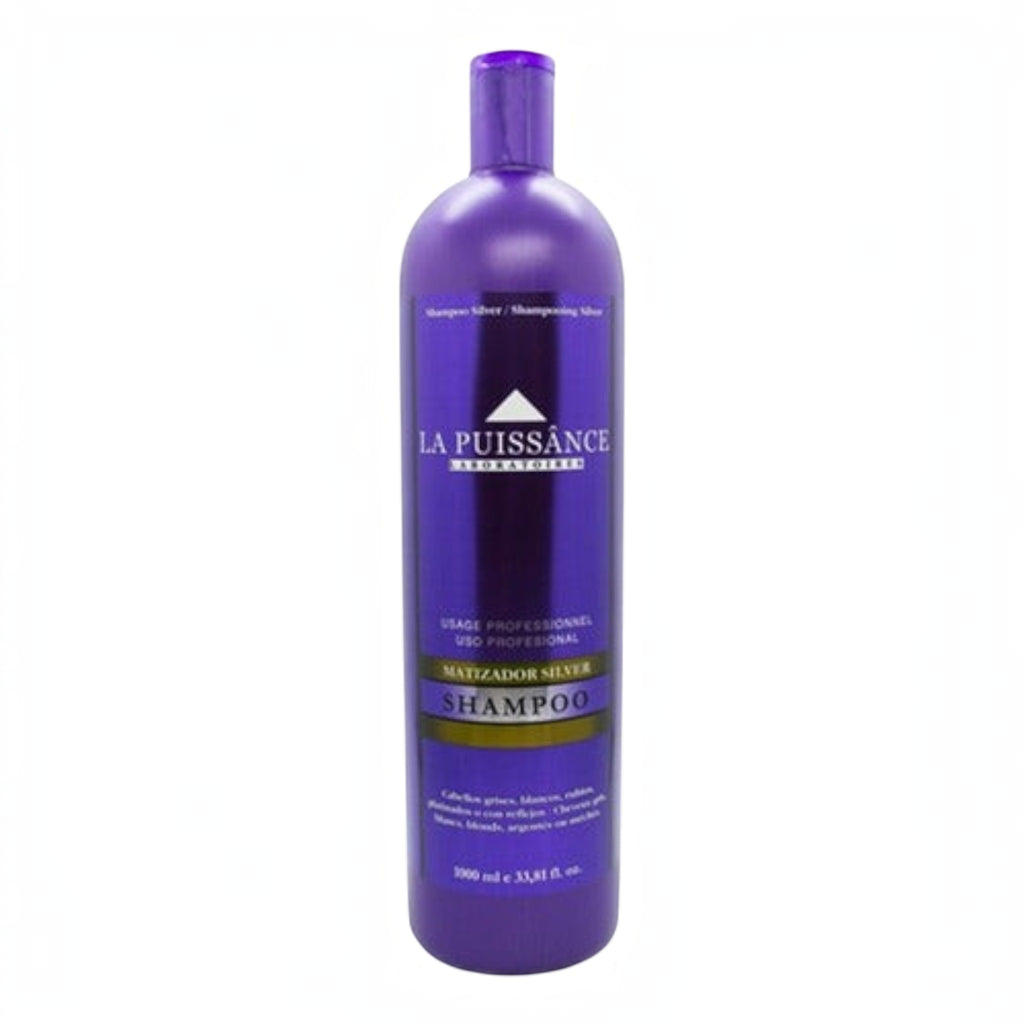 Shampoo matizador violeta La Puissance Silver de Distriwil para neutralizar tonos amarillos en cabellos rubios