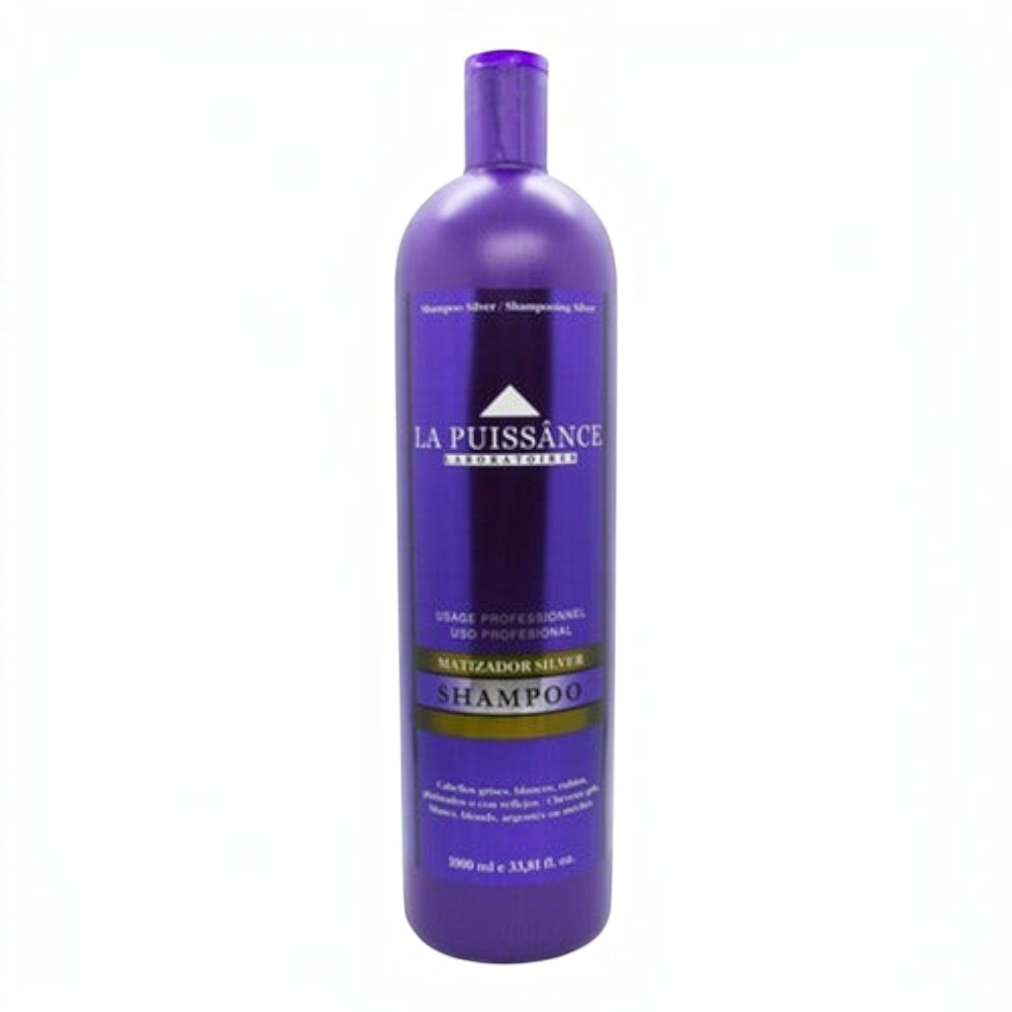 Shampoo matizador violeta La Puissance Silver de Distriwil para neutralizar tonos amarillos en cabellos rubios