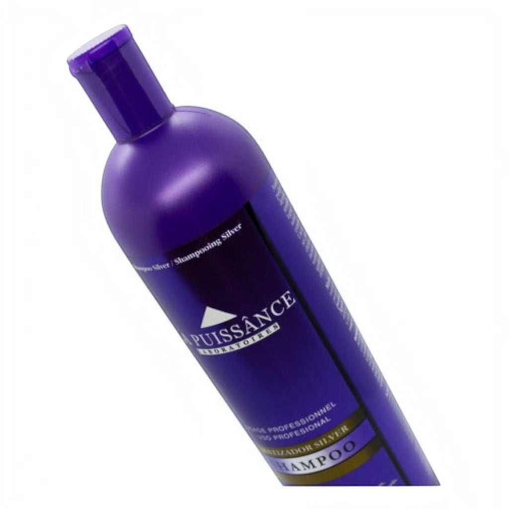 Shampoo matizador violeta La Puissance Silver de Distriwil para neutralizar tonos amarillos en cabellos rubios