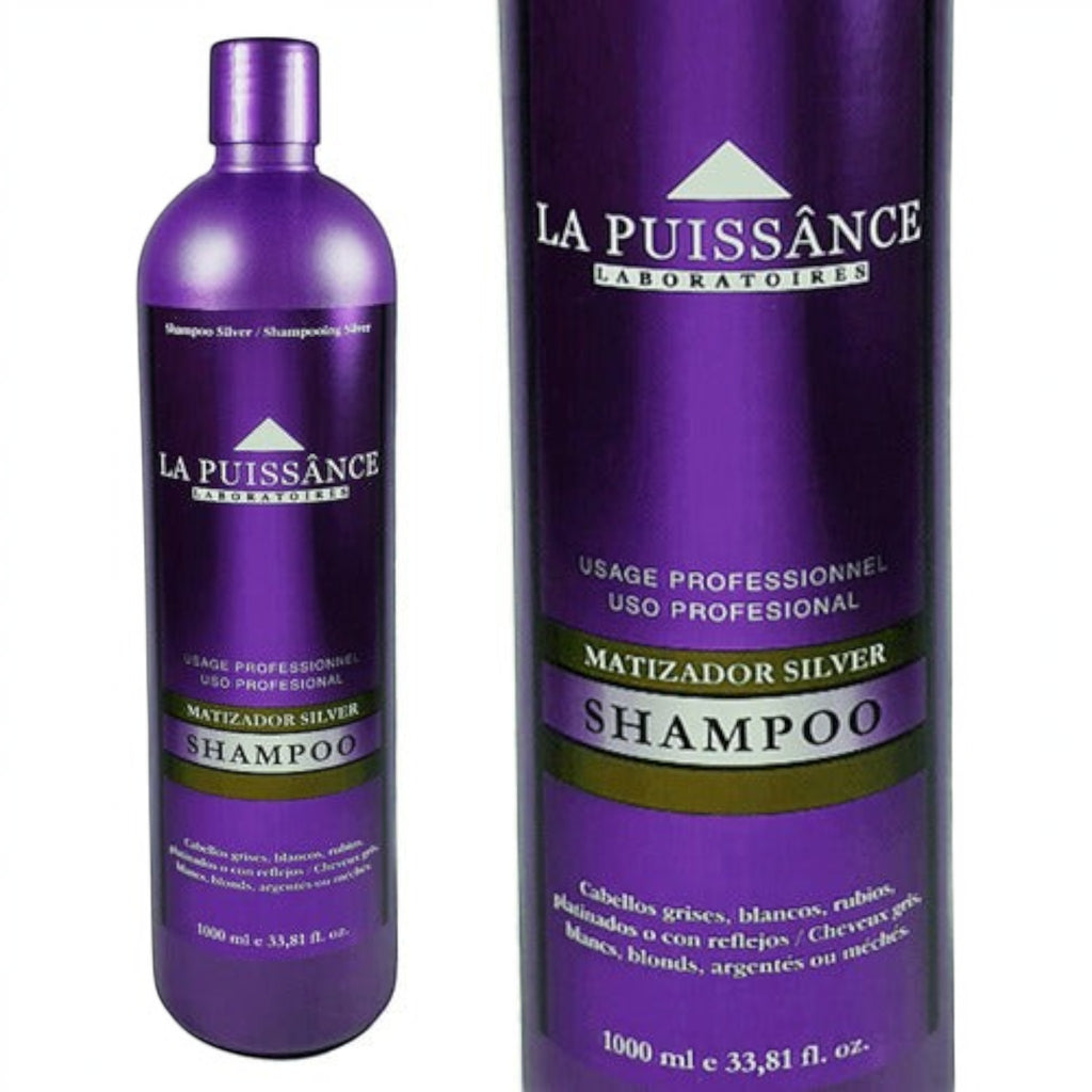 Shampoo matizador violeta La Puissance Silver de Distriwil para cabellos rubios y canosos en envase de 1000ml