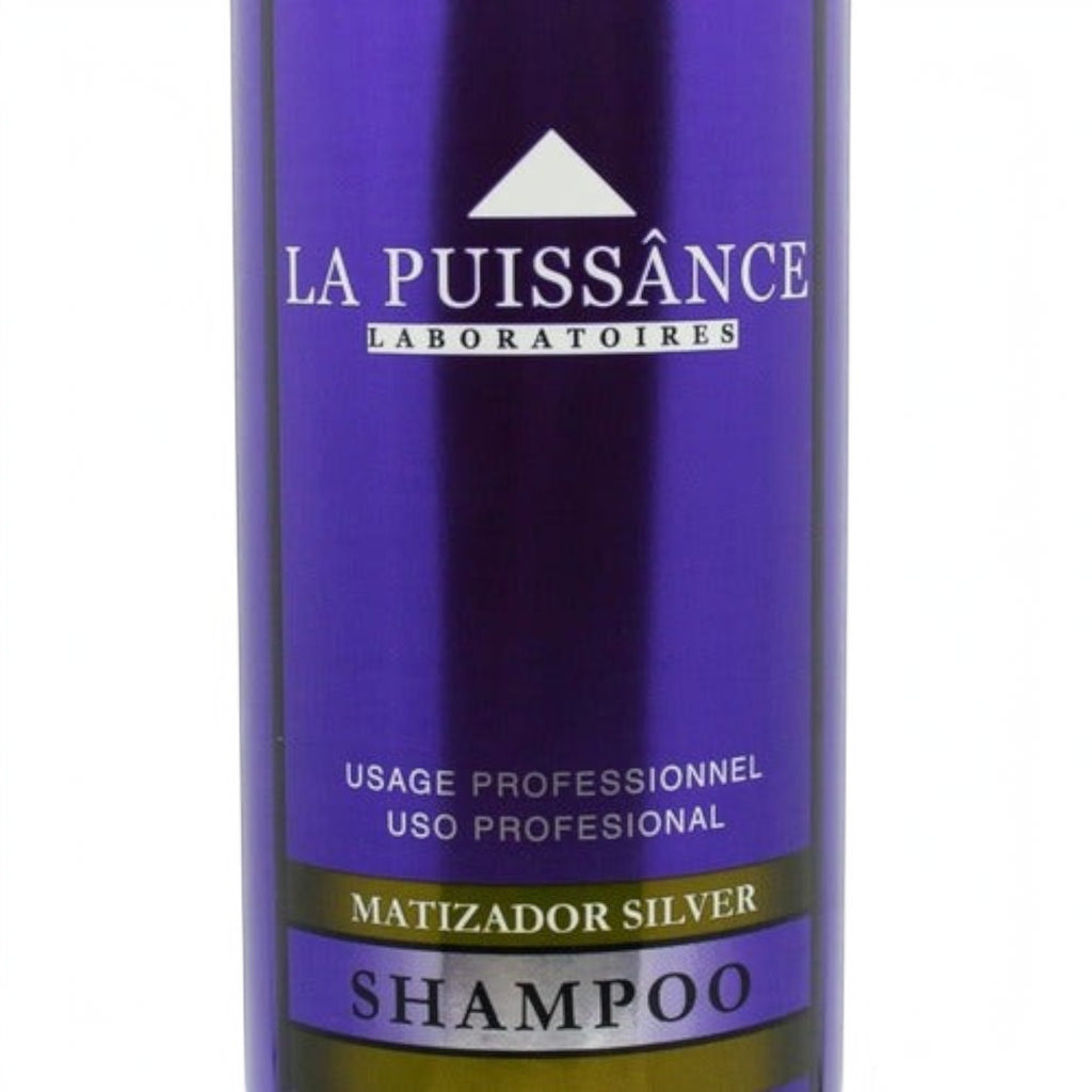 Shampoo matizador violeta La Puissance Silver de Distriwil para neutralizar tonos amarillos en cabellos rubios