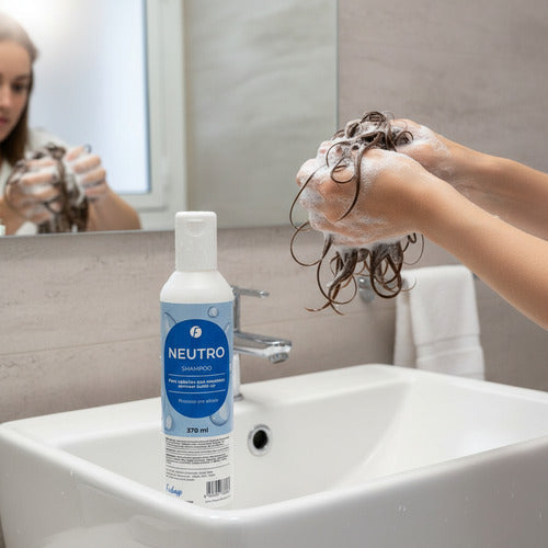 Shampoo Neutro Frilayp de Distriwil en envase de 370ml junto a manos lavando cabello con espuma en un baño