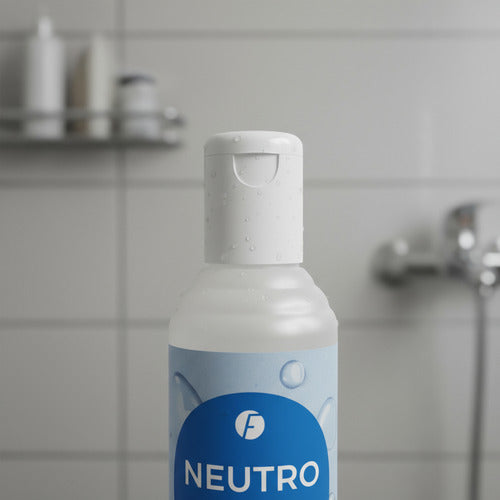Frasco de Shampoo Neutro Frilayp de Distriwil con tapa blanca en un baño moderno