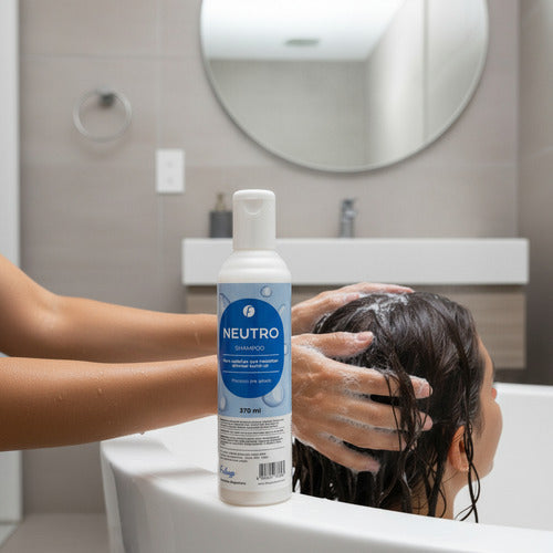 Shampoo Neutro Frilayp de Distriwil en envase de 370ml siendo aplicado en cabello húmedo en un baño moderno