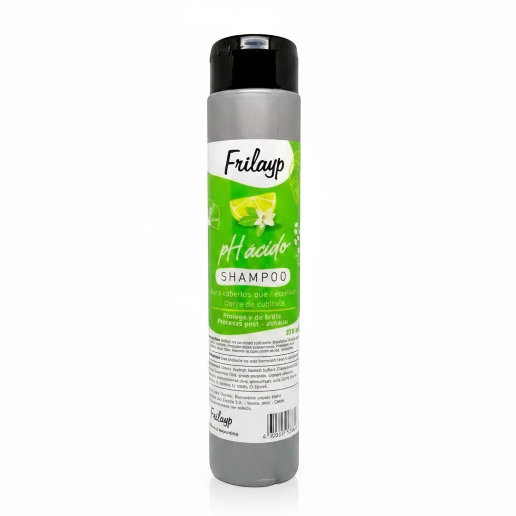 Shampoo Frilayp de pH ácido de 370ml de Distriwil para cierre de cutícula capilar en envase cilíndrico verde