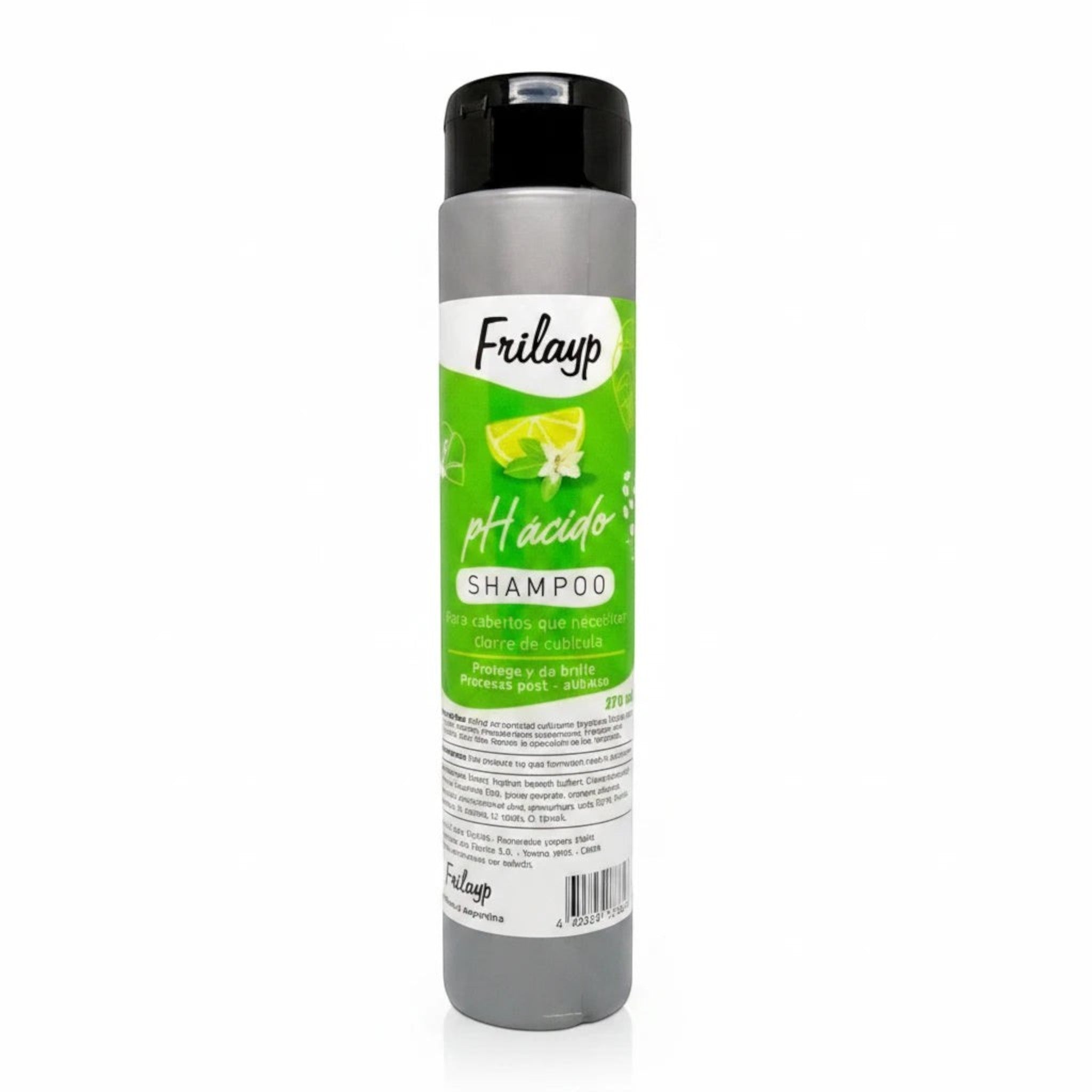Shampoo Frilayp de pH ácido de 370ml de Distriwil para cierre de cutícula capilar en envase cilíndrico verde