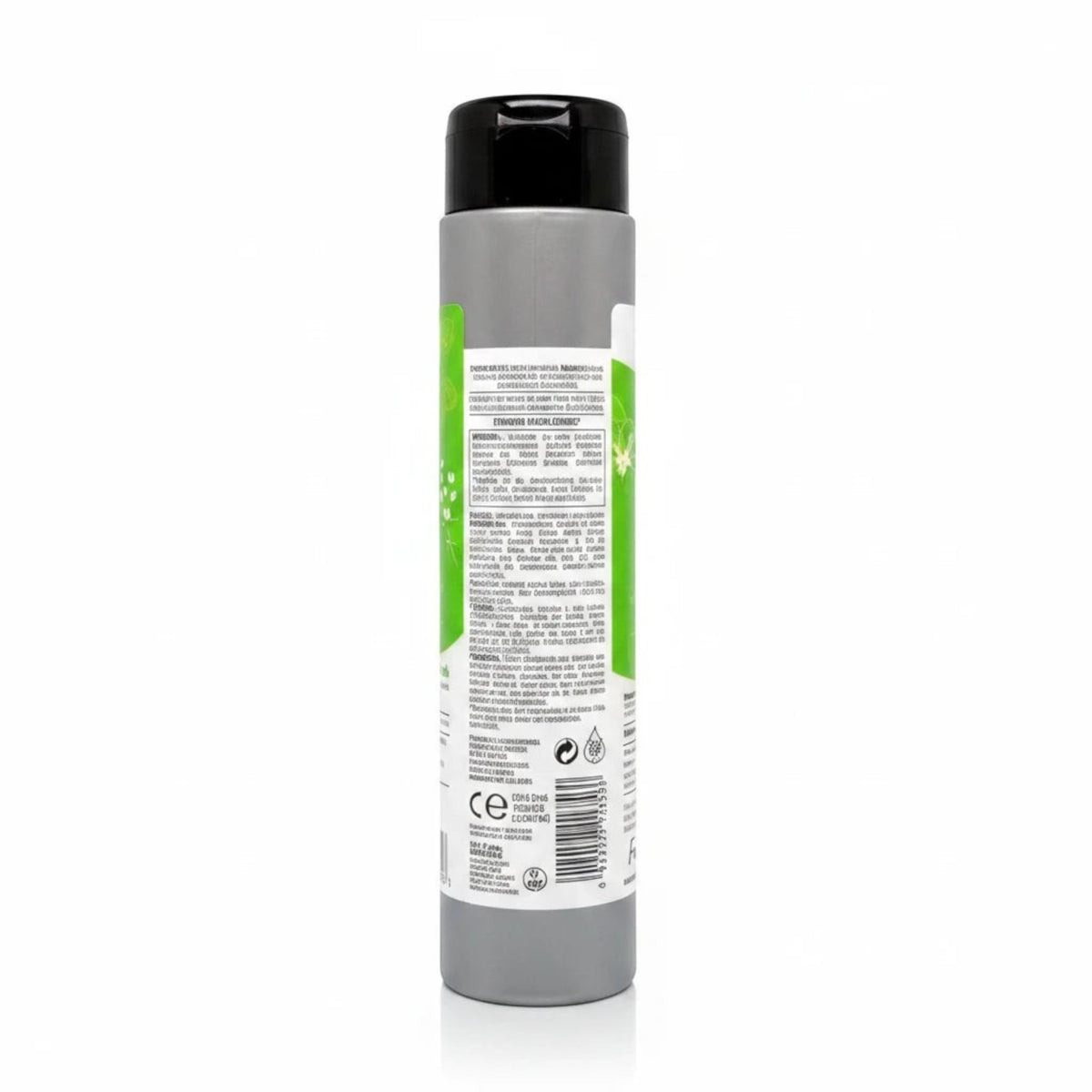 Envase de shampoo Ph Acido Frilayp de 370ml de Distriwil, vista trasera con etiqueta informativa y tapa negra.
