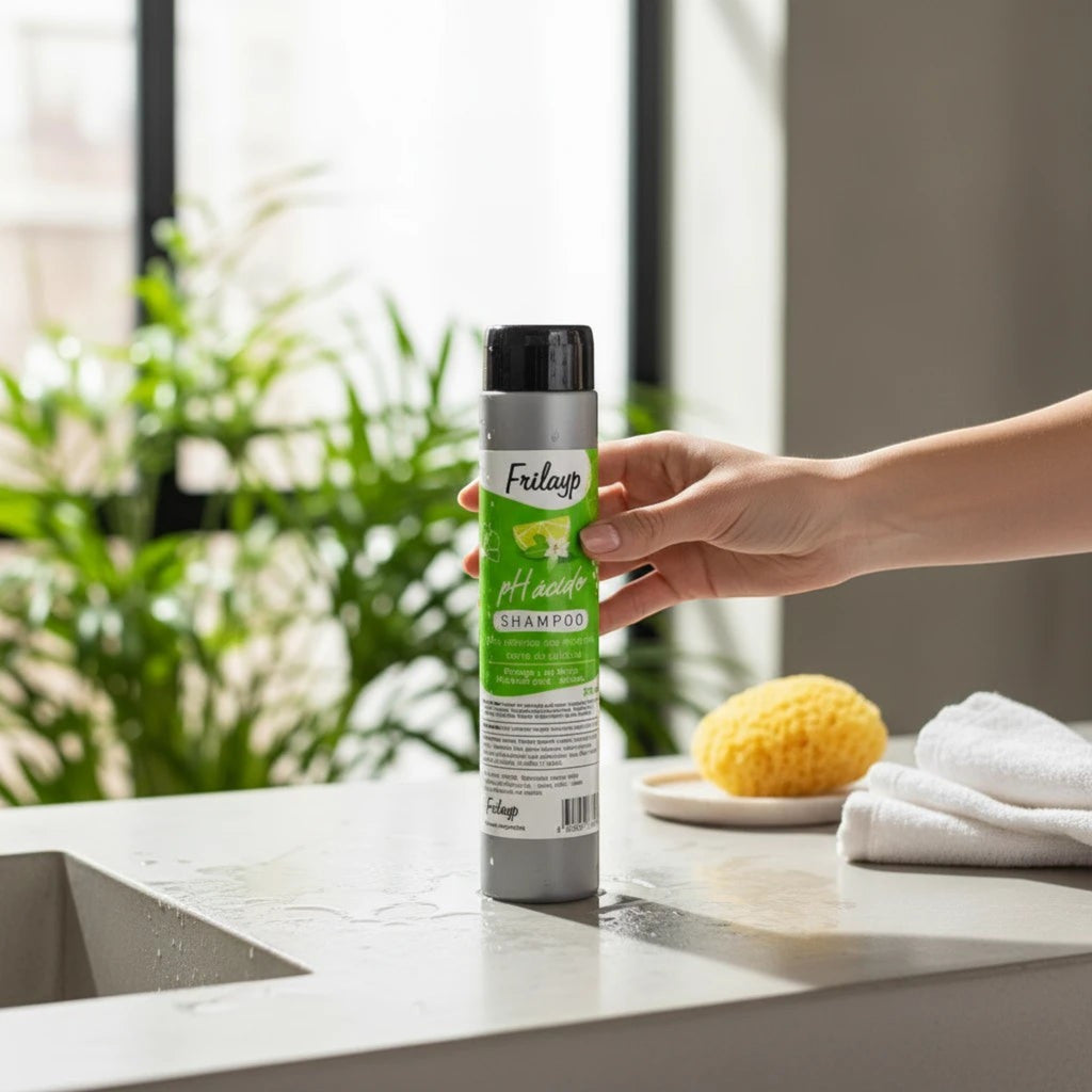 Shampoo Ph Acido Frilayp de Distriwil en envase cilíndrico verde, ideal para cerrar cutículas capilares.