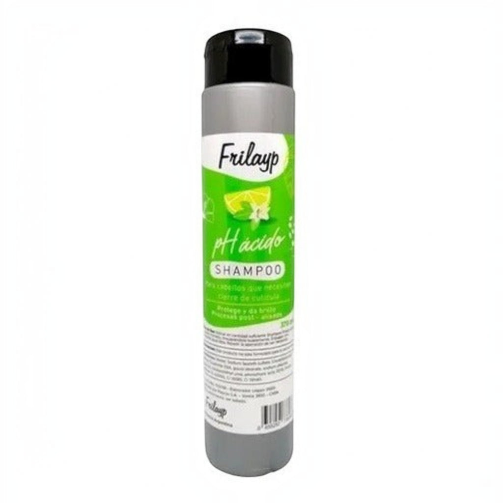 Shampoo Ph Acido Frilayp de 370ml de Distriwil para cierre de cutícula en envase cilíndrico gris y etiqueta verde
