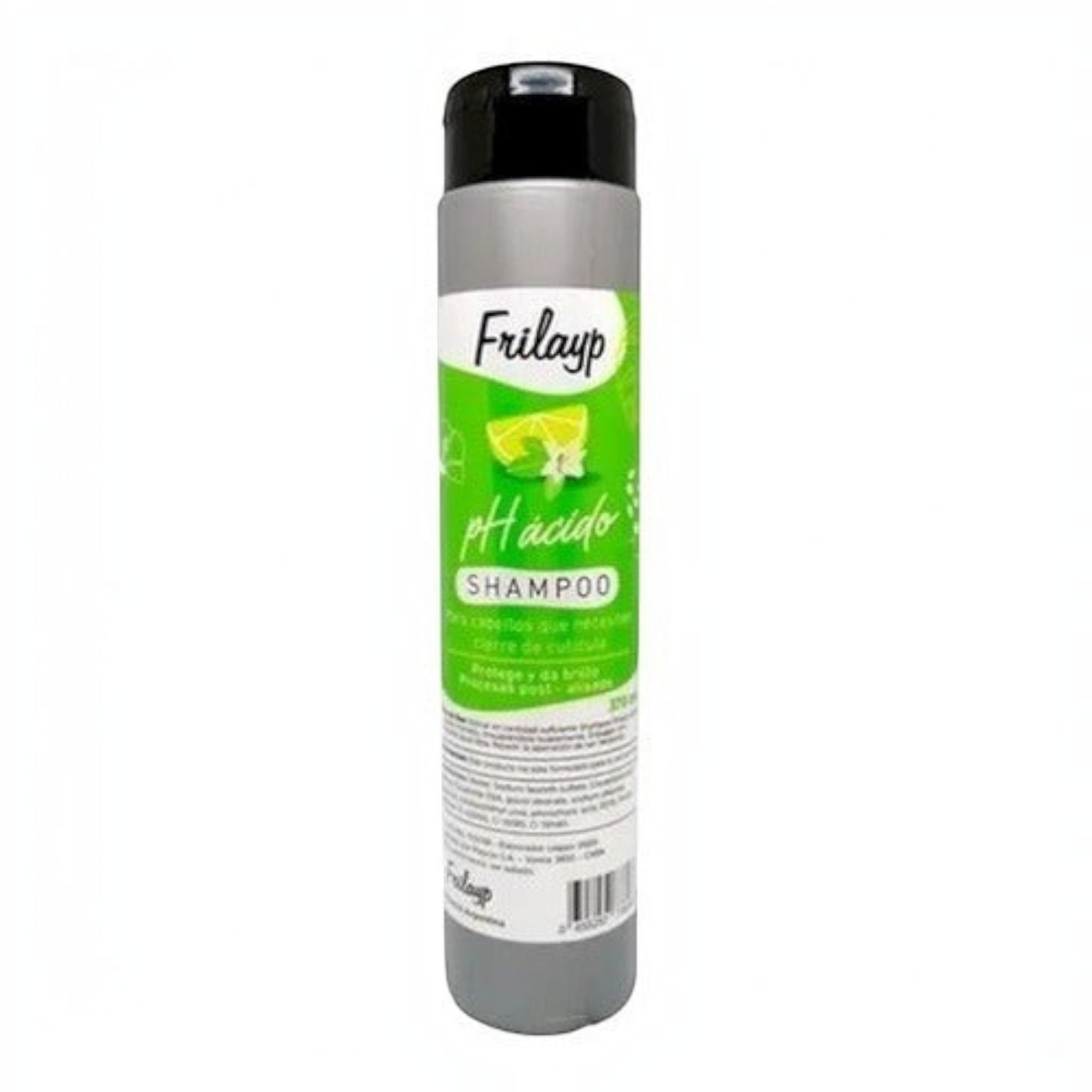 Shampoo Ph Acido Frilayp de 370ml de Distriwil para cierre de cutícula en envase cilíndrico gris y etiqueta verde