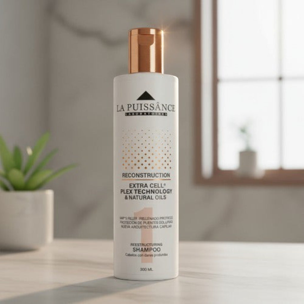 Shampoo reconstructor La Puissance Extra Cell Plex paso 1 de Distriwil en envase blanco con tapa dorada sobre mesa
