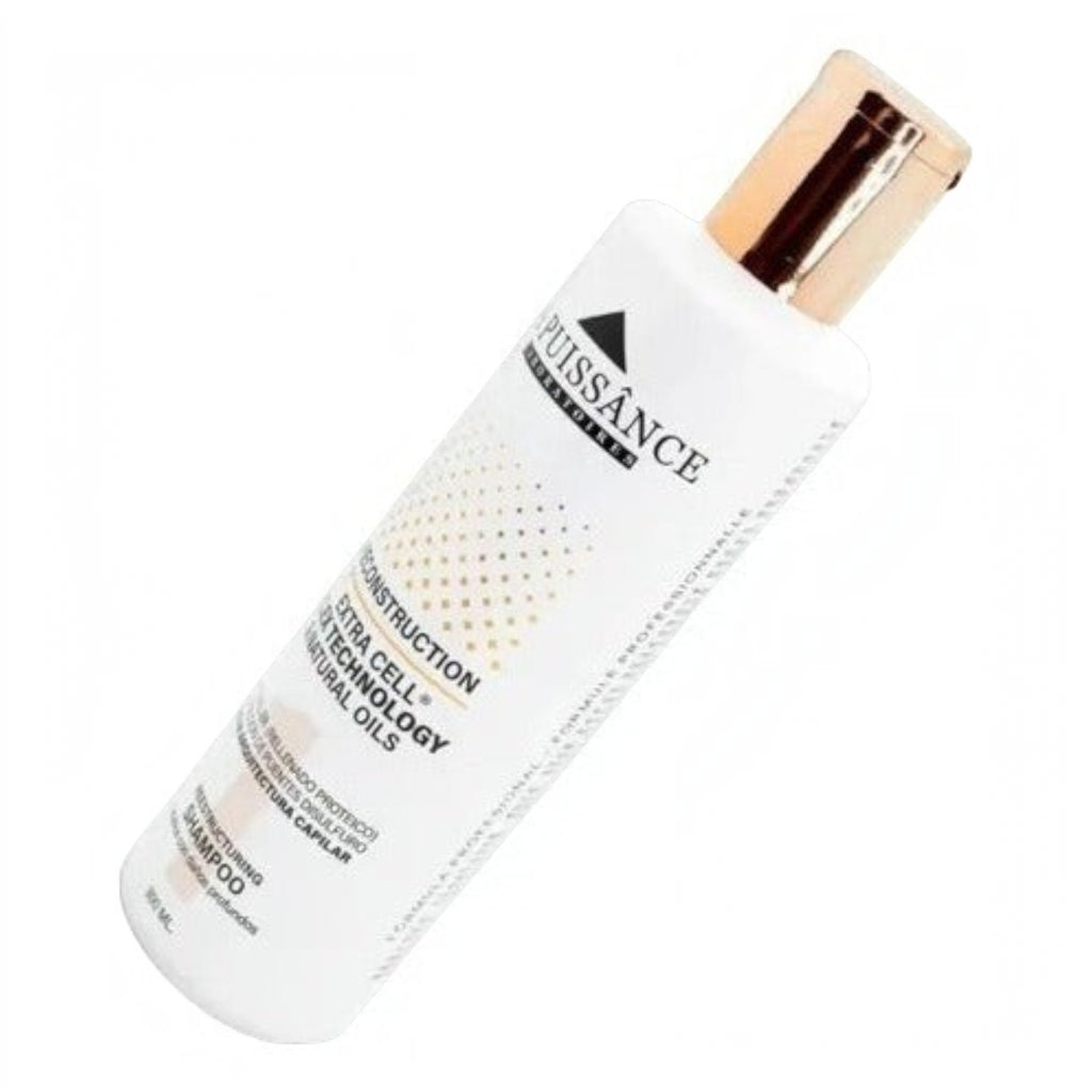 Shampoo reparador Distriwil La Puissance Extra Cell en envase blanco con tapa dorada para cabellos dañados