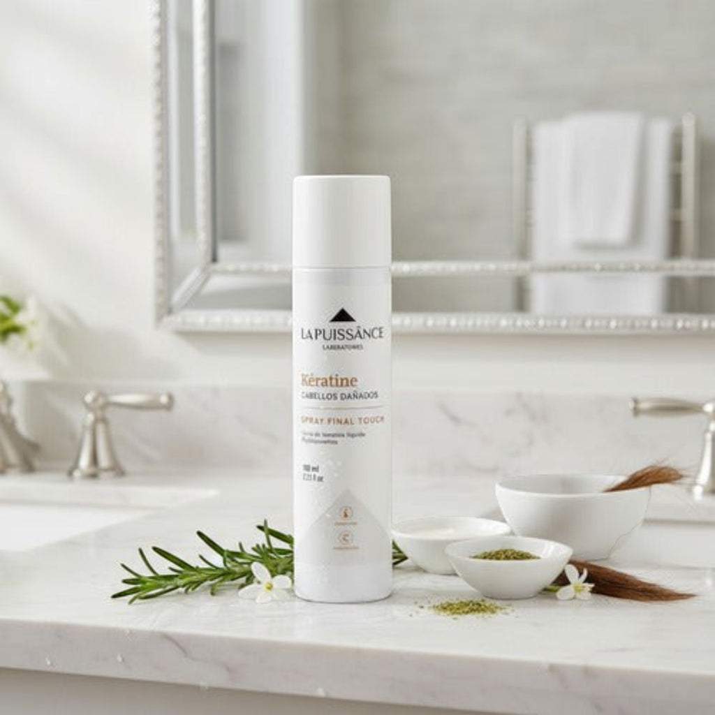 Spray reparador Distriwil La Puissance con keratina para cabello dañado en envase blanco de 100ml sobre encimera