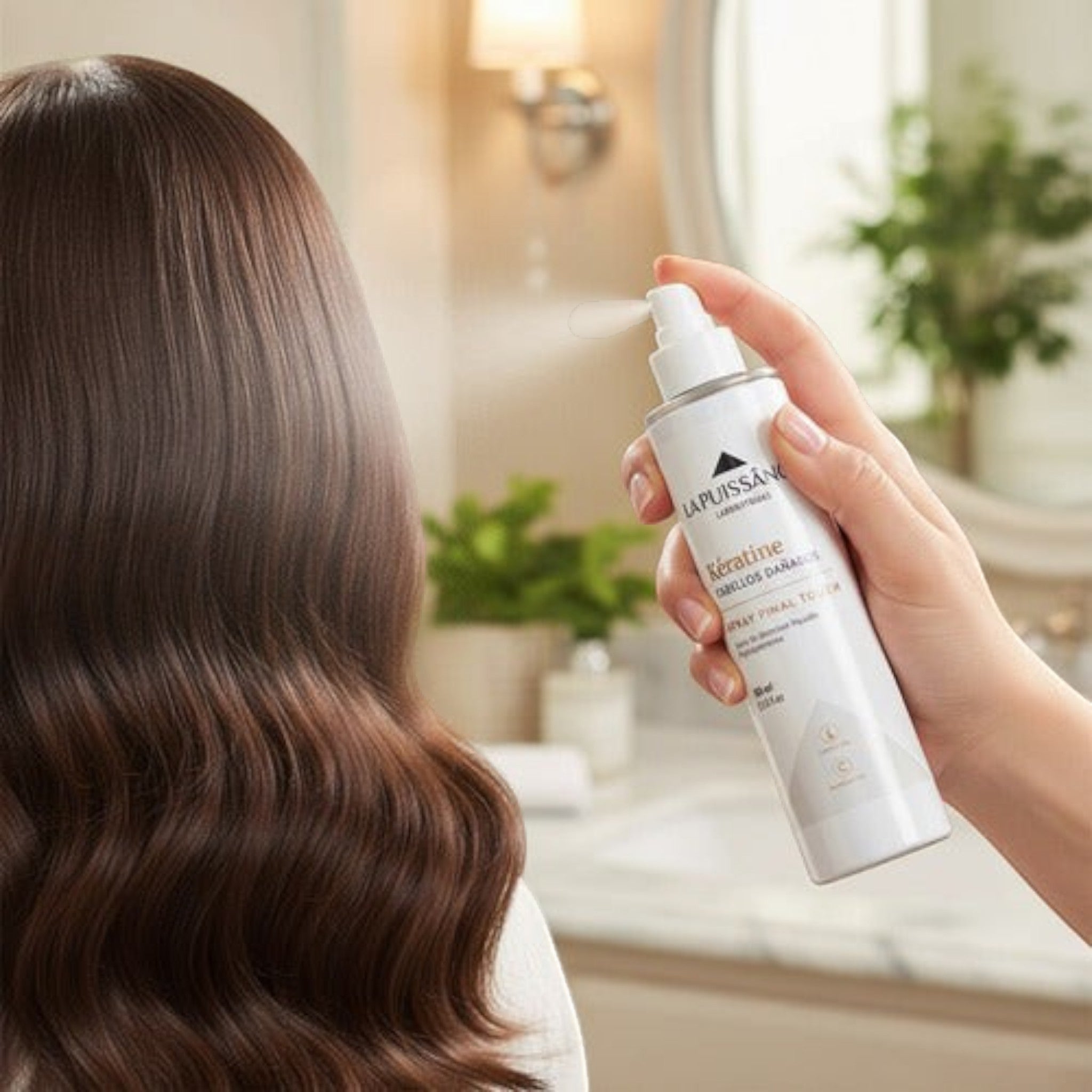 Spray reparador de keratina La Puissance aplicado por Distriwil sobre cabello castaño brillante y saludable