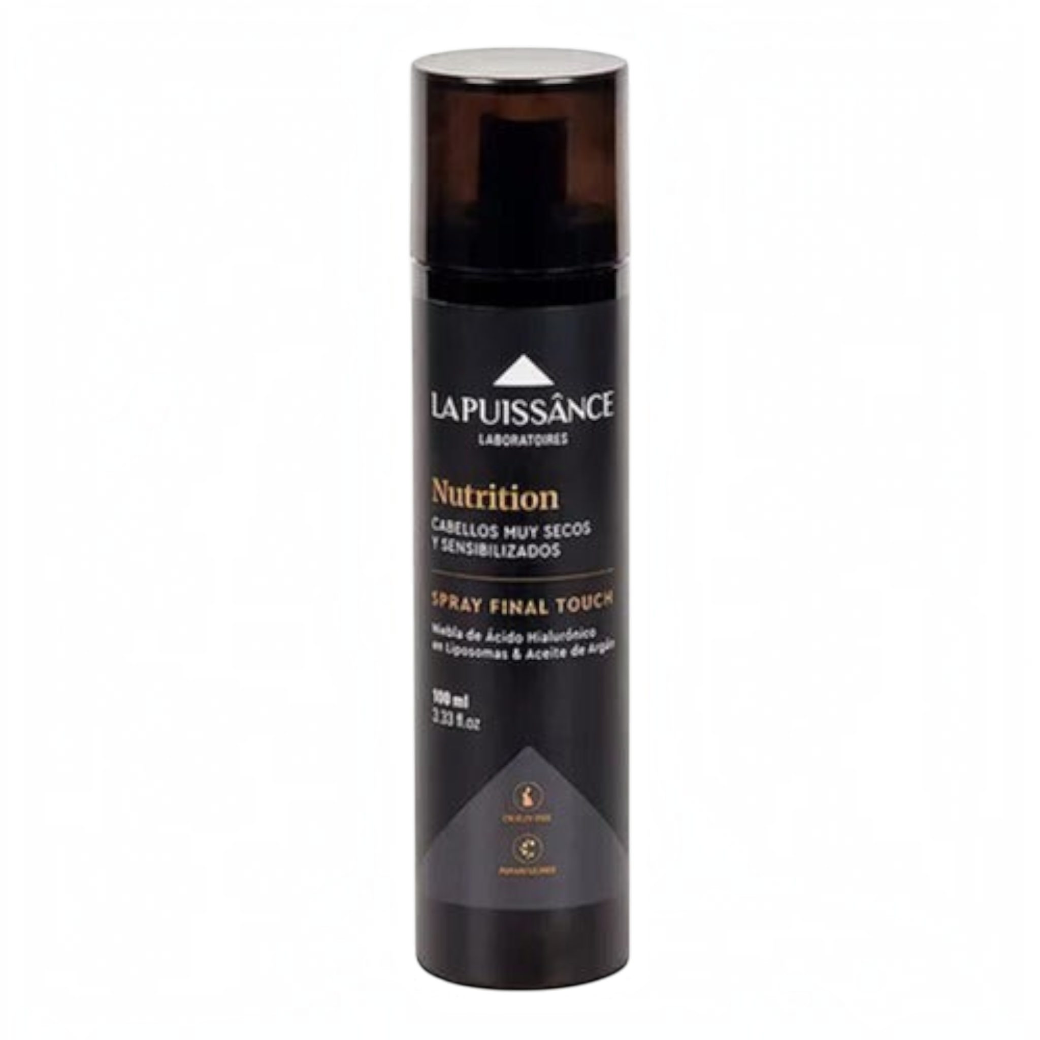 Spray protector termal La Puissance Nutrition Argán de Distriwil para cabellos secos en envase negro de 100ml