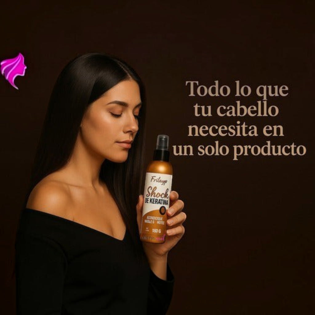 Mujer sosteniendo Spray Shock Keratin Frilayp de Distriwil para hidratación y reparación capilar profesional