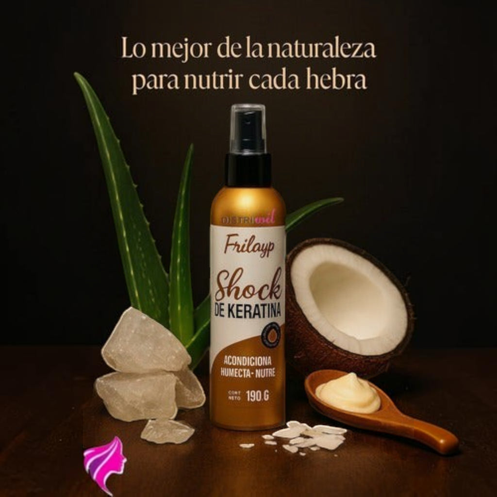 Spray Shock de Keratina Frilayp de Distriwil con aloe vera y coco para nutrición e hidratación capilar profunda