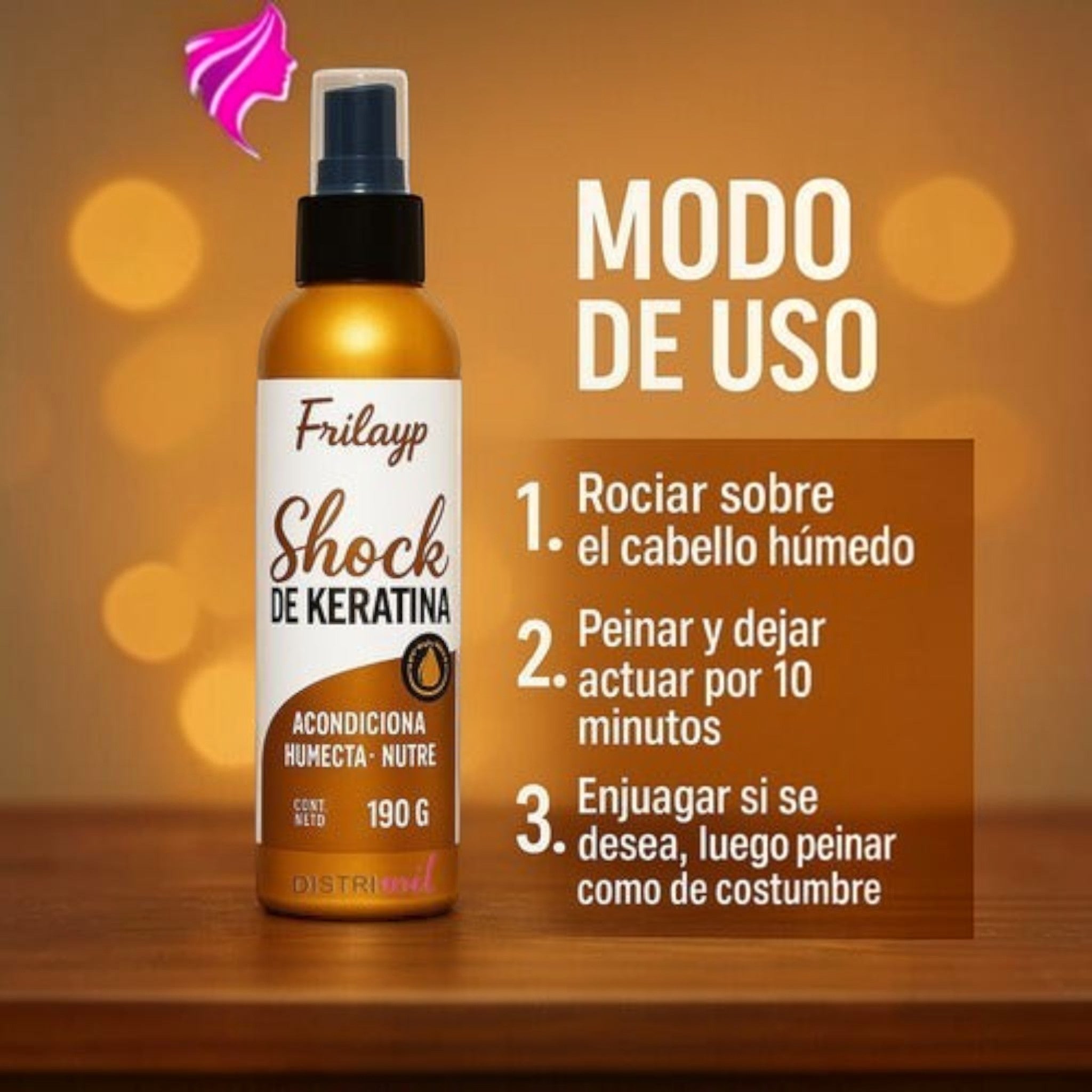 Spray Shock de Keratina Frilayp de Distriwil con instrucciones de uso para hidratar y nutrir el cabello