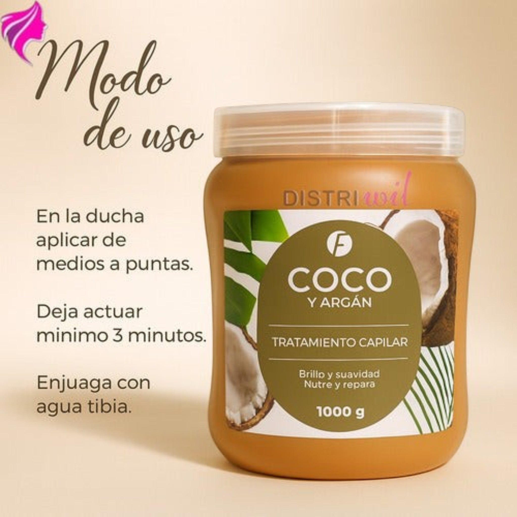 Pote de 1000g de tratamiento capilar Distriwil con aceite de argán y coco para nutrición intensa y brillo extremo