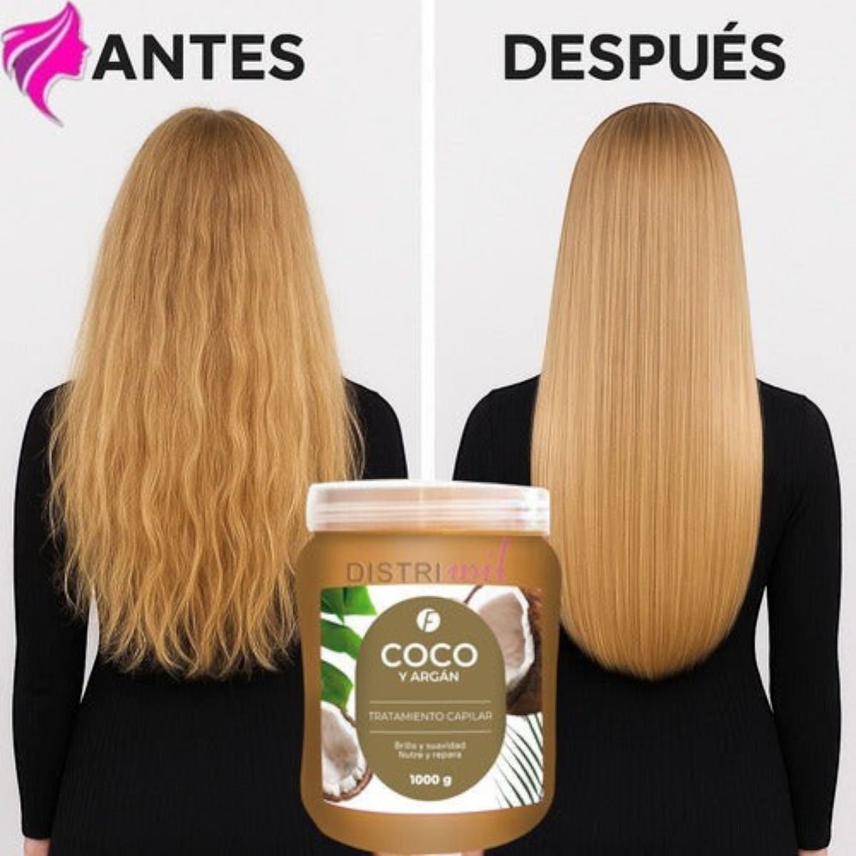 Comparativa antes y después del tratamiento capilar Distriwil de argán y coco para nutrición y brillo extremo