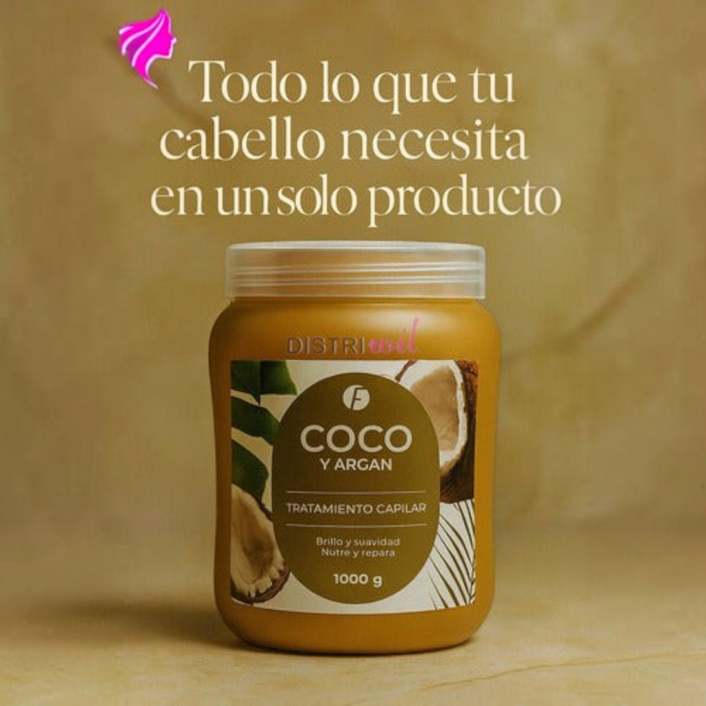 Tratamiento capilar nutritivo Distriwil de argán y coco en pote de 1000g para hidratación profunda del cabello seco