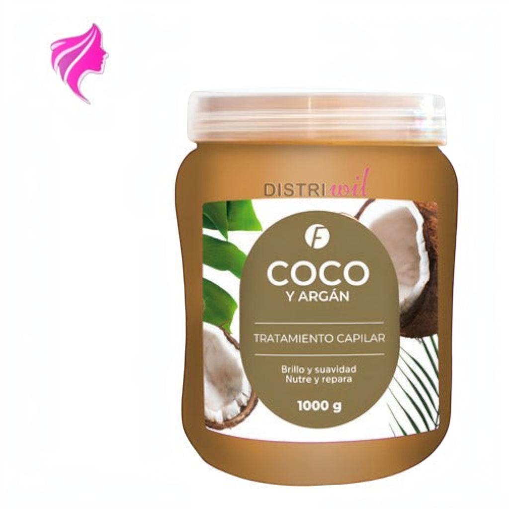 Tratamiento capilar Distriwil de argán y coco en pote de 1000g para nutrición profunda y brillo extremo del cabello.