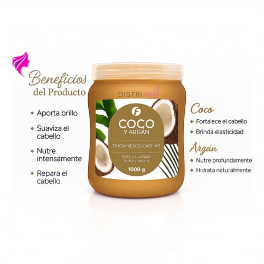 Tratamiento capilar Distriwil de coco y argán en pote de 1000g para nutrición intensa y brillo del cabello seco