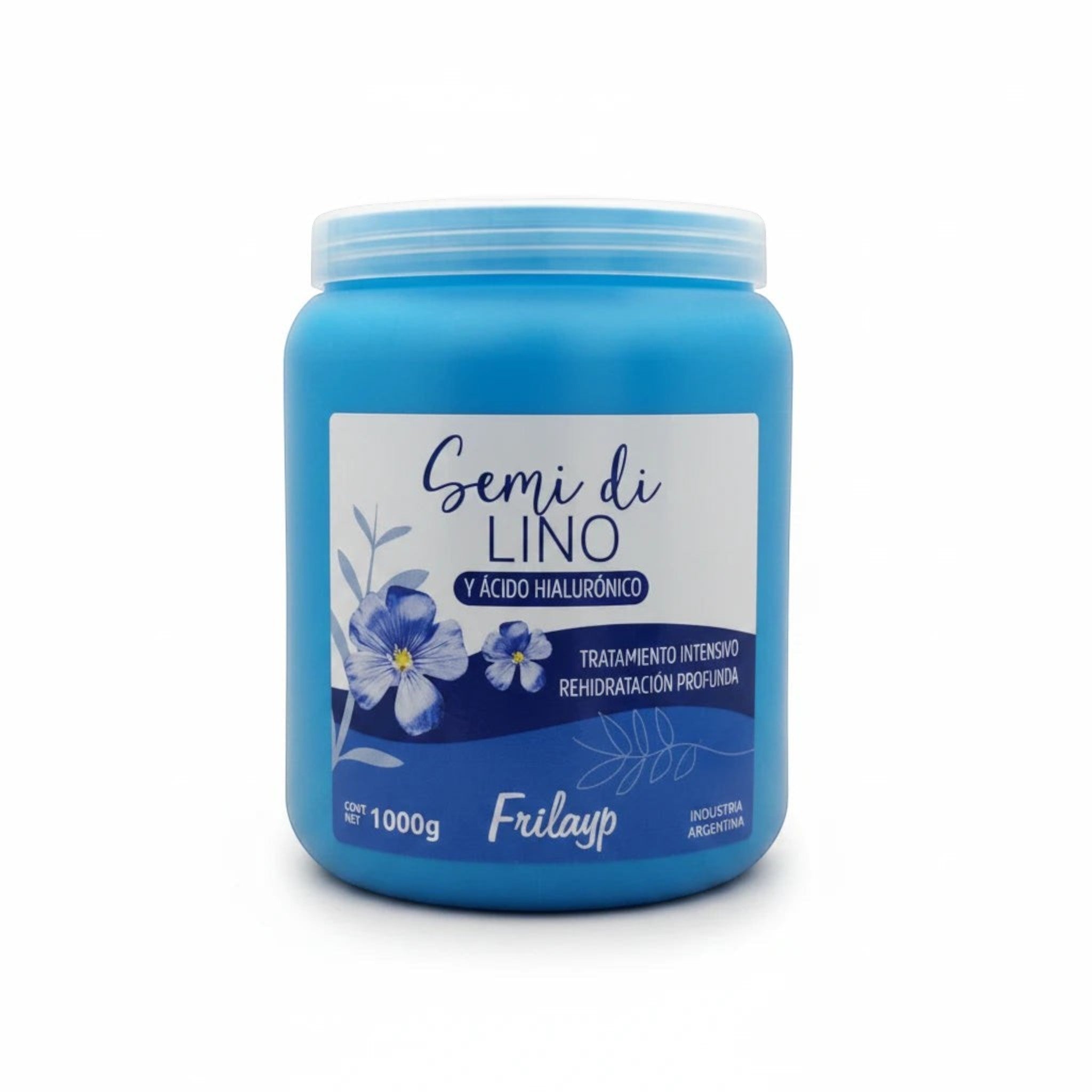 Tarro de 1000g de tratamiento capilar Frilayp Semi Di Lino de Distriwil con ácido hialurónico para hidratación profunda.