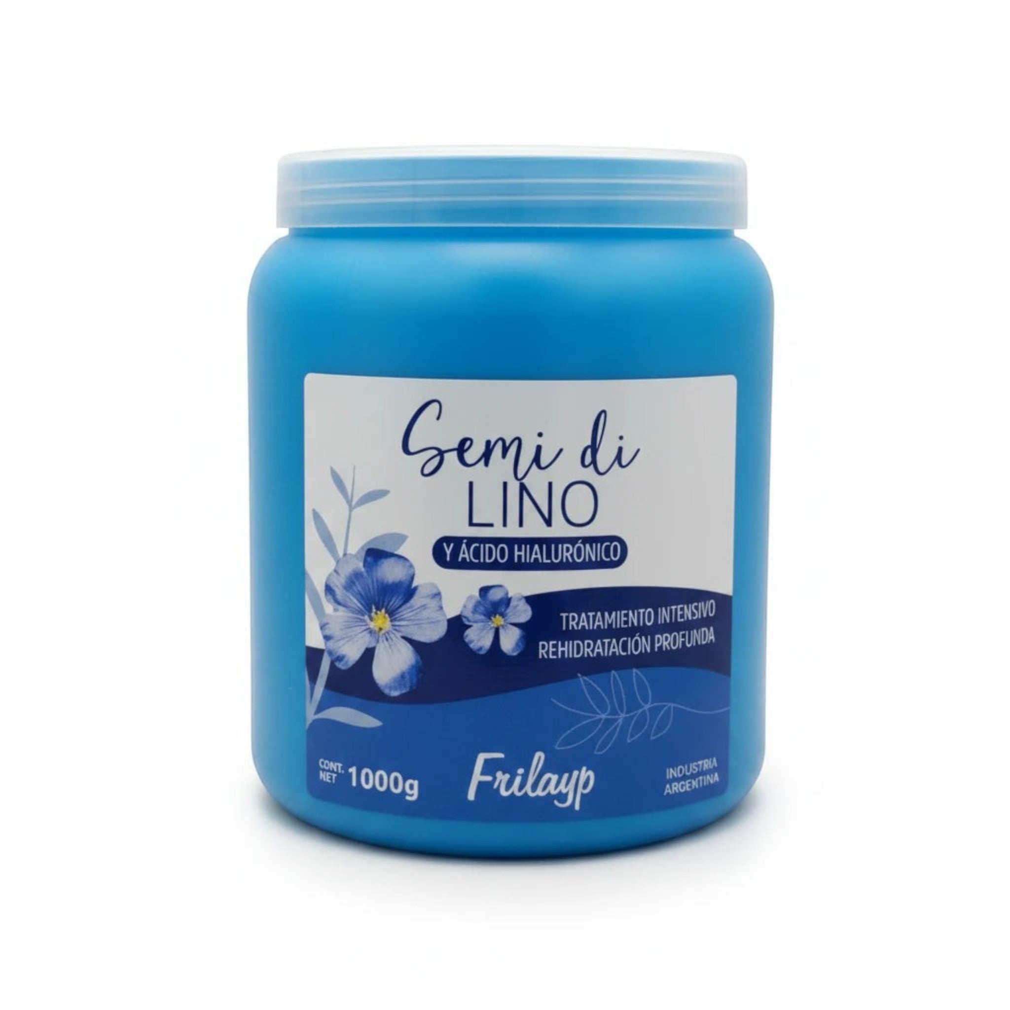 Tratamiento capilar Frilayp Semi Di Lino de Distriwil en envase azul de 1000g para hidratación profunda del cabello
