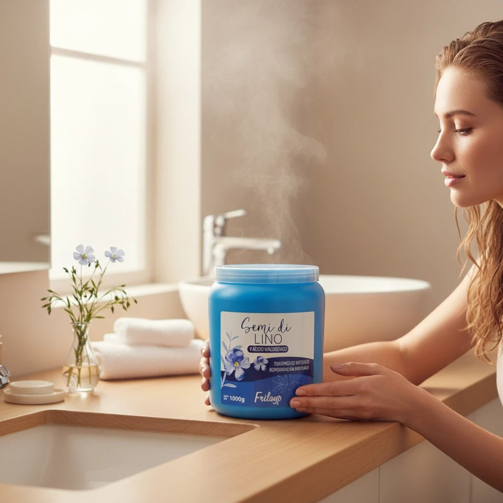 Mujer joven sosteniendo el tratamiento capilar Distriwil Frilayp Semi Di Lino de 1000g en un baño luminoso