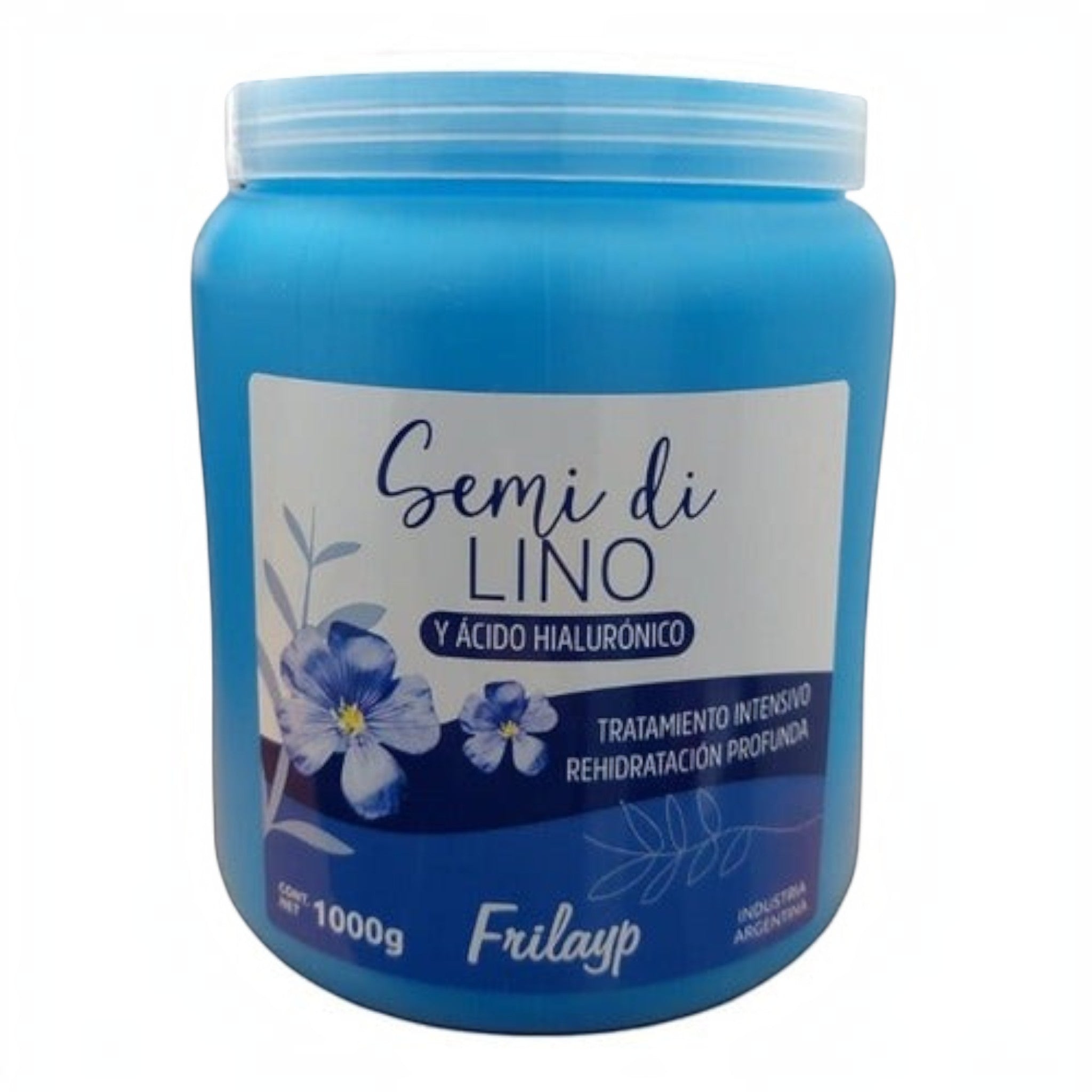 Tratamiento capilar intensivo Distriwil Frilayp Semi Di Lino de 1000g en envase azul para hidratación profunda