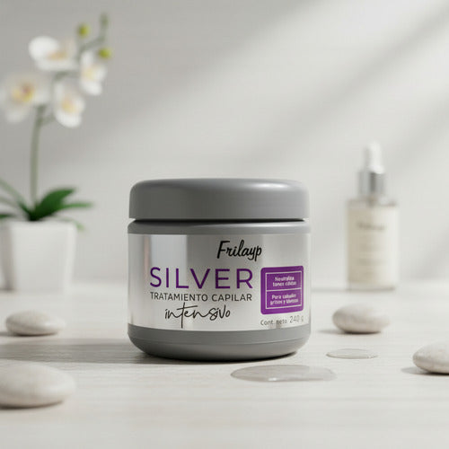 Tratamiento capilar intensivo Silver de Frilayp en envase de 240g para cabellos grises y blancos de Distriwil
