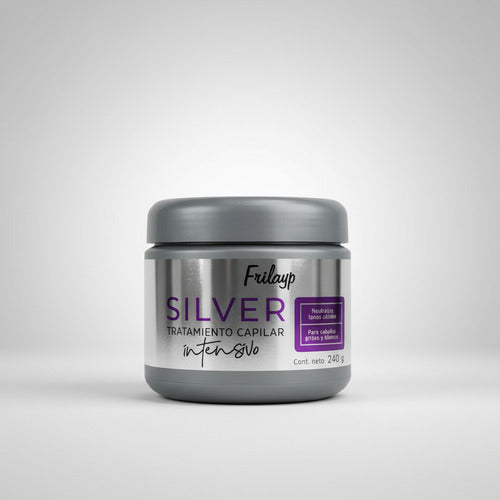 Tratamiento capilar intensivo Silver de Frilayp en envase gris de 240g, disponible en Distriwil para cabello gris.