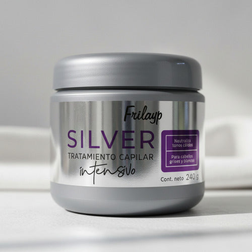 Tratamiento capilar intensivo Silver de Frilayp en envase gris de 240g para cabellos grises y blancos de Distriwil