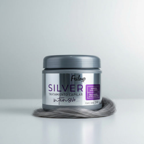 Tratamiento capilar intensivo Silver de Frilayp en envase de 240g de Distriwil para cabellos grises y rubios