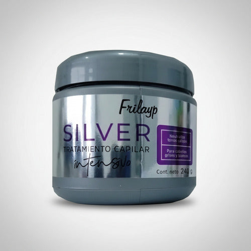 Tratamiento capilar intensivo Frilayp Silver de Distriwil en envase gris de 240g para cabellos grises y blancos