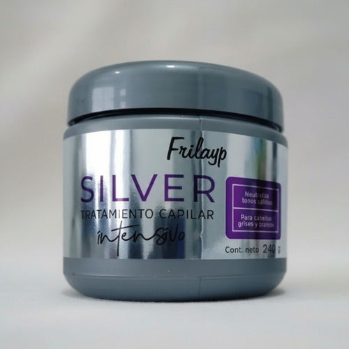 Tarro de tratamiento capilar intensivo Silver de Frilayp para cabellos grises y blancos, vendido por Distriwil