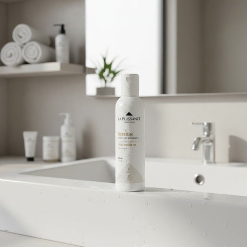 Tratamiento capilar La Puissance con queratina hidrolizada de Distriwil en envase blanco sobre lavabo de baño moderno.