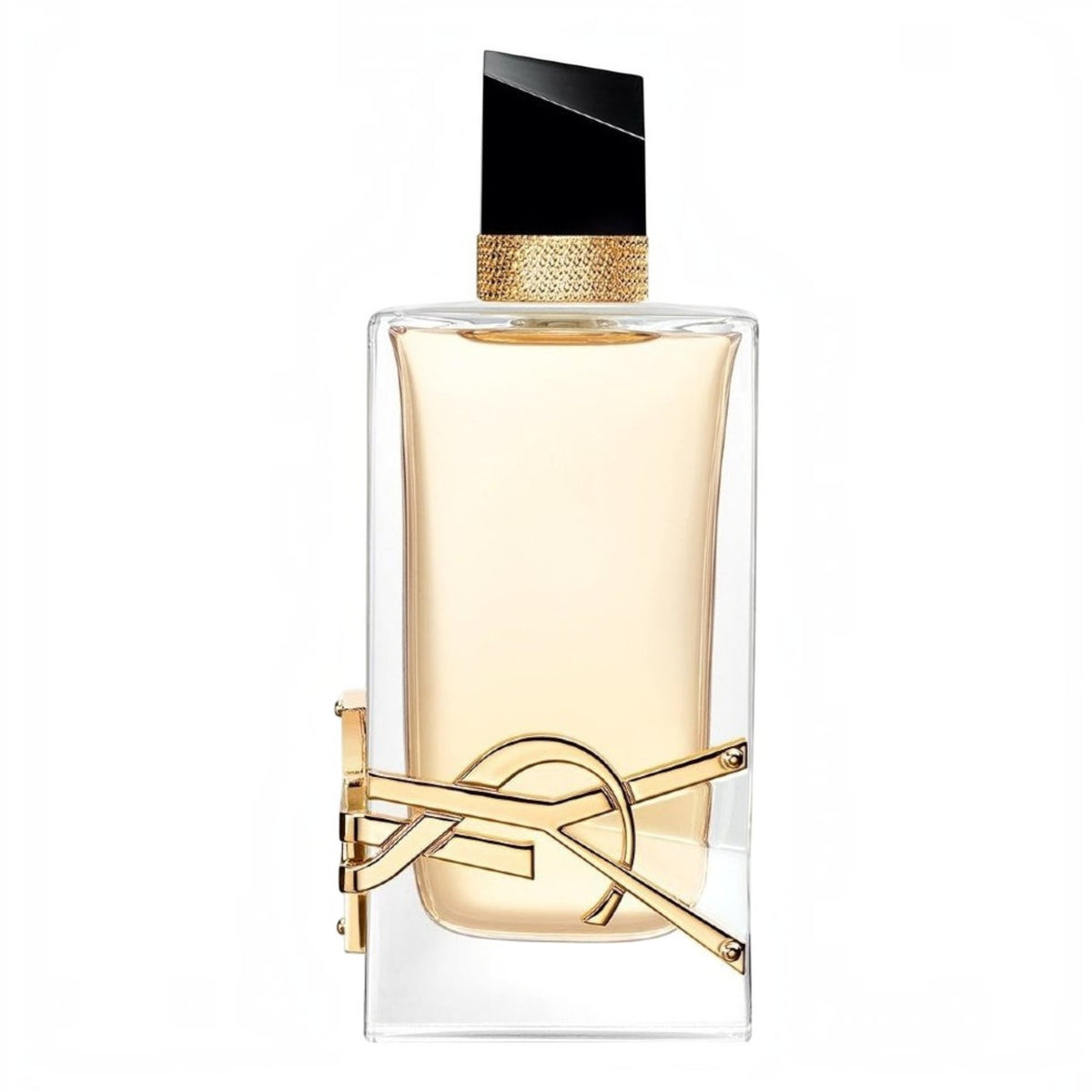 Perfume Yves Saint Laurent Libre EDP 90ml de Distriwil con frasco de vidrio, tapa negra y logo dorado icónico