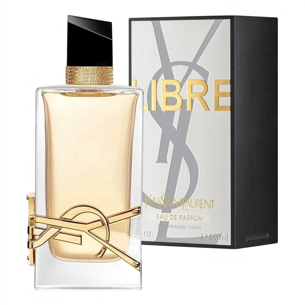 Perfume Yves Saint Laurent Libre EDP 90ml de Distriwil con frasco de vidrio, logo dorado y caja elegante